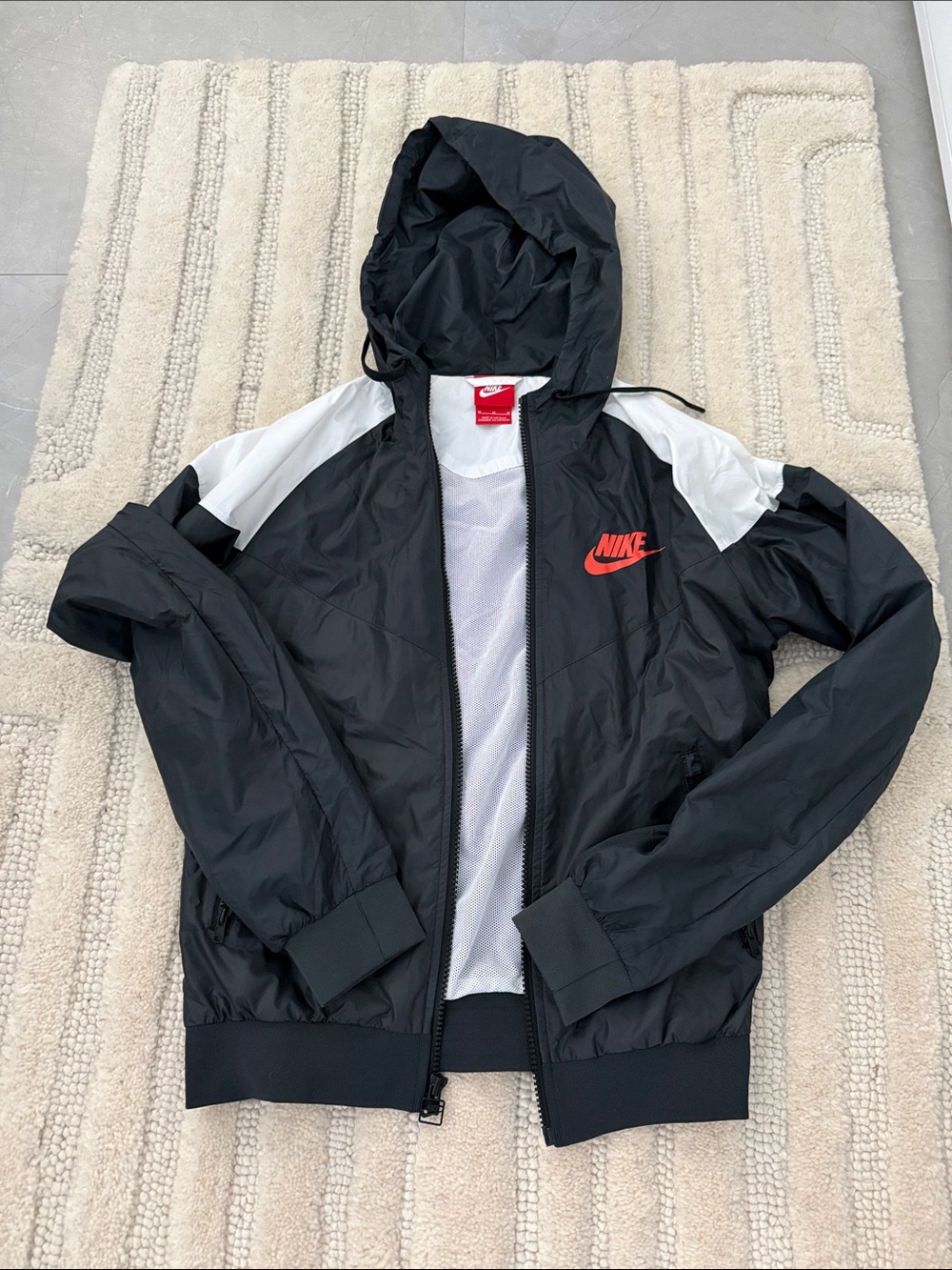 Nike Black Windbreaker Jacket with White Panels and Red Logo